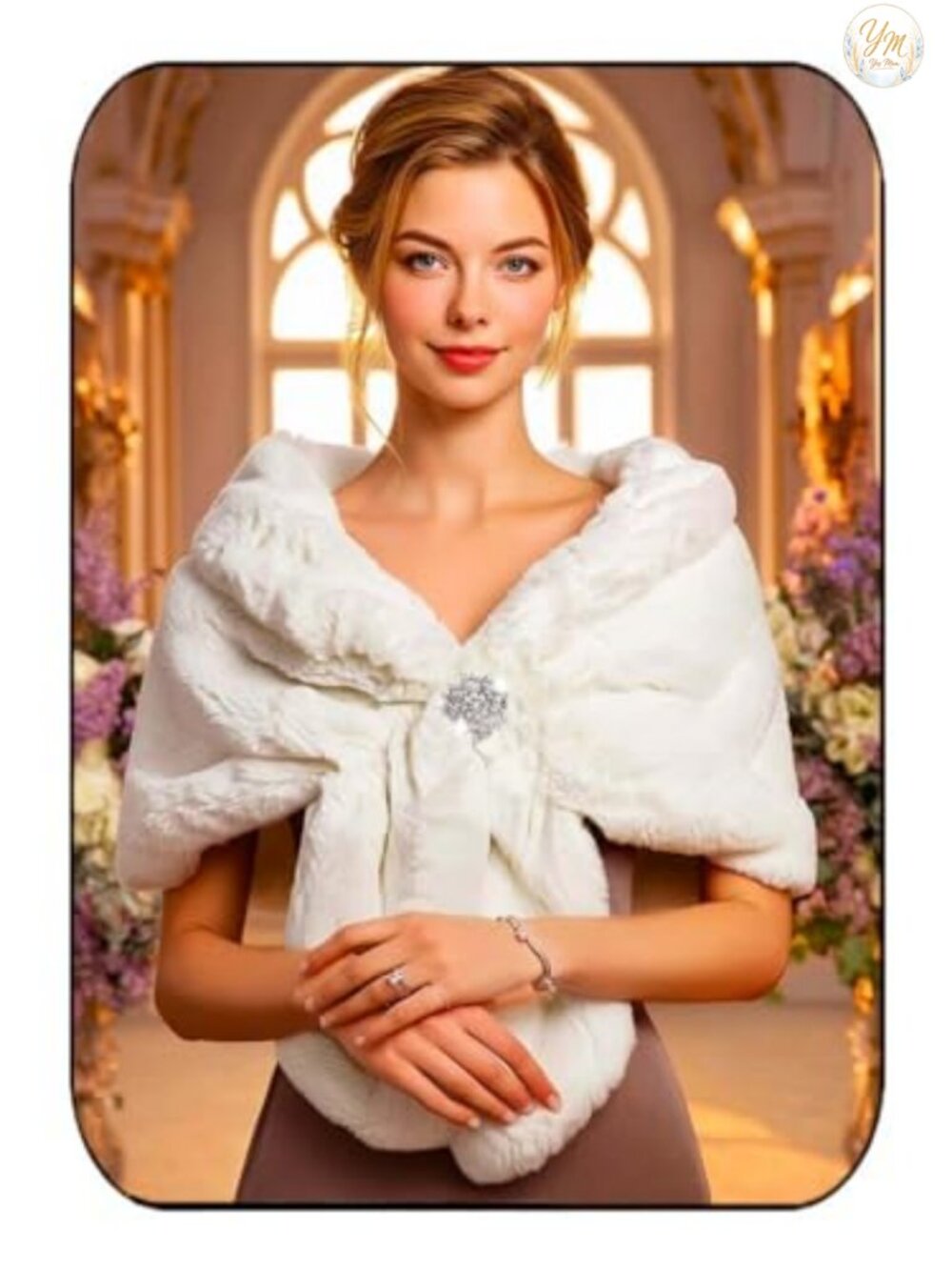 Faux Fur Wedding Shawl Wrap with Brooch Bridal Stole for Brides